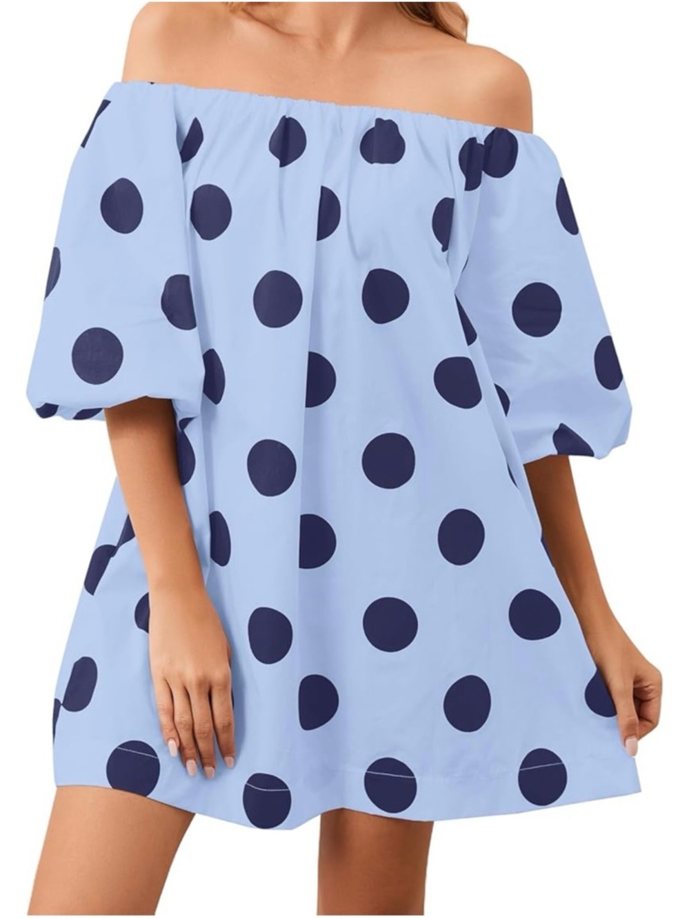 Off-Shoulder Mini Dress in Light Blue with Navy Polka Dots